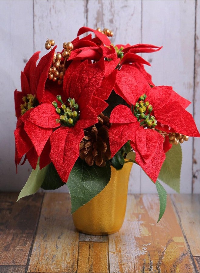 DULRLLY Artificial Christmas Flowers - 7 Heads Faux Red Poinsettia Plants in Pots - Fake Poinsettia Bonsai Christmas Arrangement for Home, Office, Garden Party Decor (1 Pcs) - Image 2